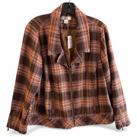 CJ Banks Jackets & Blazers - CJ Banks Women's 1X Plaid Jacket Zipper Pockets Collar Brown Pink‎